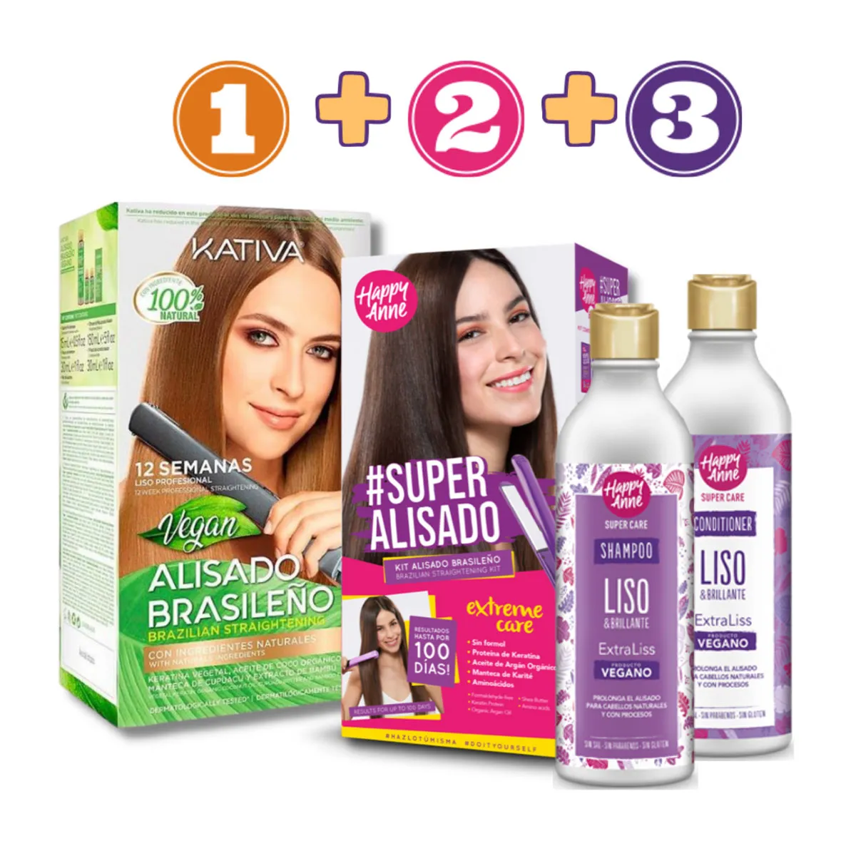 Kativa Vegan Straightening Kit 225ml & Happy Anne Straightening Kit By Kativa 80ml & Post Treatment Shampoo Conditioner 340ml)